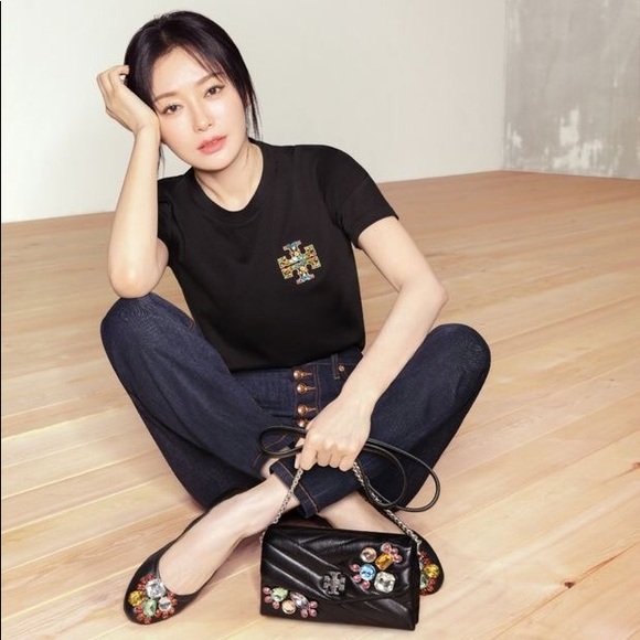 Tory Burch Tops - NEW Tory Burch Bejeweled logo Pocket T-shirt black